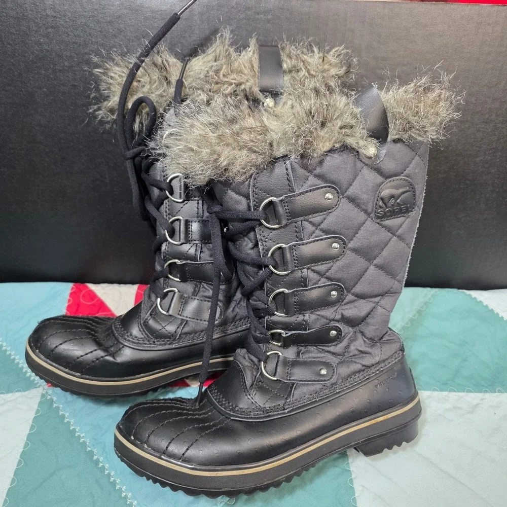 Sorel Tofino Winter Boots Womens 7.5 Black Waterproof Quilted Faux Fur Trim *SEE